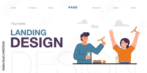 Friends having lunch, dinner or breakfast together at restaurants outdoor room. Cartoon children eating meal flat vector illustration. Food, friendship, outdoor activity concept