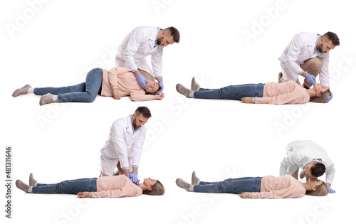 Fotografija Doctor performing first aid on unconscious woman against white background, colla