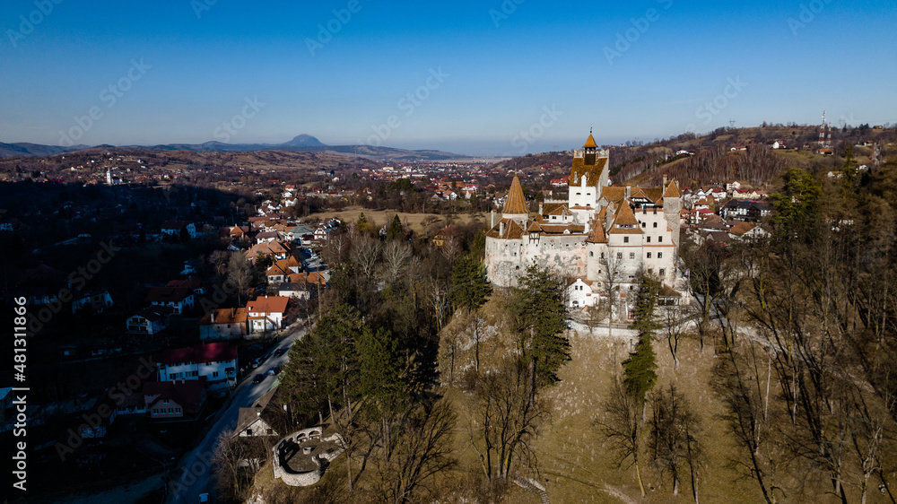 Aerial footage of a Castle in Transylvania on a sunny day