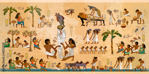 Life of egyptians. Agriculture, workmanship, fishery, farm. Ancient Egypt frescoes. Hieroglyphic carvings on exterior walls of an ancient temple