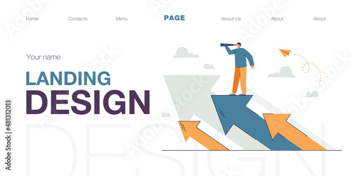 Businessman with spyglass standing on arrow growing up. Tiny man in search of direction of future work, way to better changes flat vector illustration. Success, career, business vision concept
