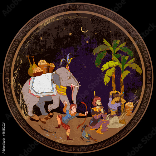 Old Asian culture. Gods of India. Ancient frescoes. Traditional indian mural paintings style. Mythology, tradition and history. Religion. Hinduism. Sacred elephants in the jungle