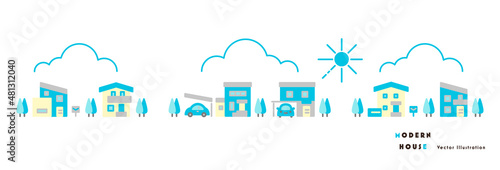 モダンな住宅のイラストセット 水色のツートーン
