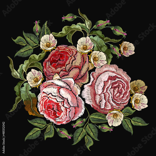 Pink roses and white flowers. Classical embroidery in black background. Embroidery style. Spring floral art. Fashionable template for clothes, t-shirt design