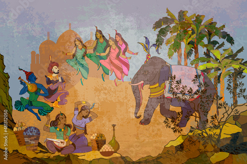 Ancient frescoes. Hinduism. Vishnu and Shiva. Gods of India. Traditional indian mural paintings style. Old Asian culture. Mythology, tradition and history. Religion