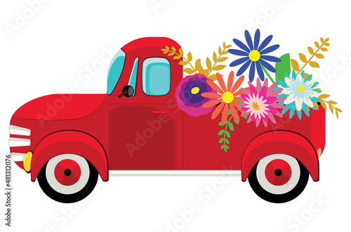 Red pickup with flowers