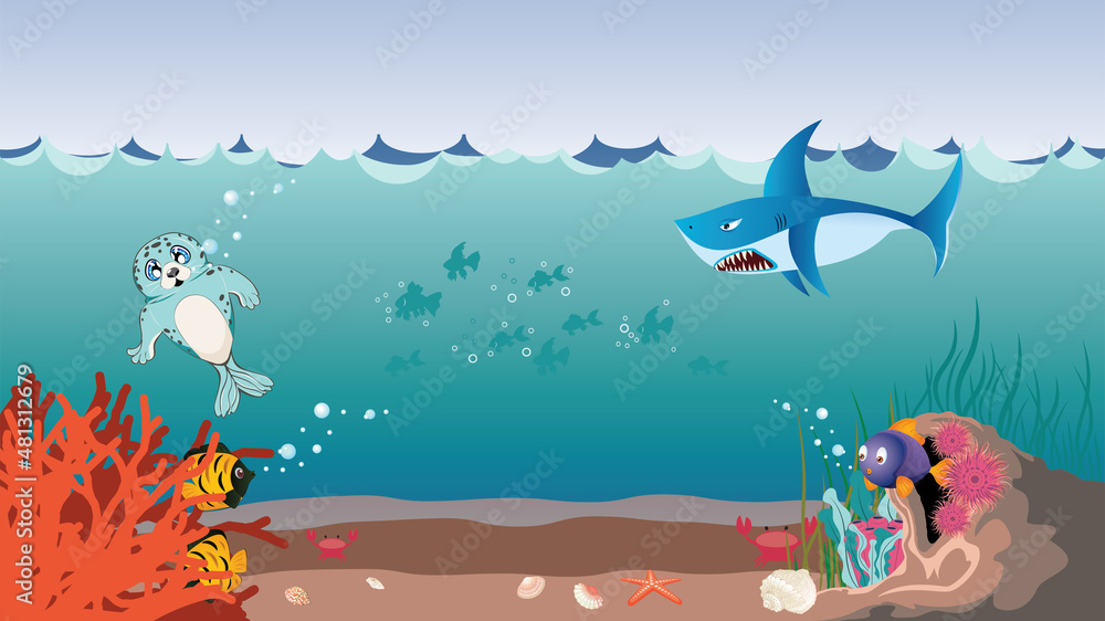 Underwater coral reef and cave