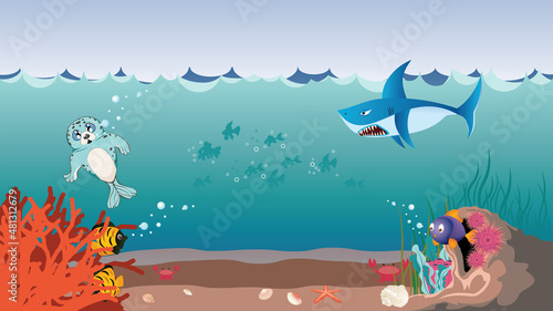 Underwater coral reef and cave