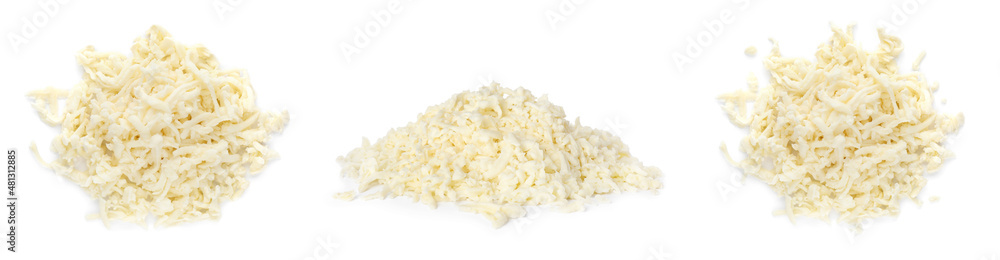 Set with delicious mozzarella cheese on white background. Banner design Set with delicious mozzarella cheese on white background. Banner design