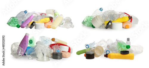Set with piles of plastic garbage on white background. Banner design