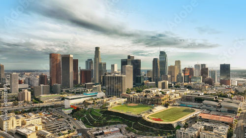 Los Angeles, California, city aerial view on downtown cityscape of Los Angels, panoramic landscape. Business centre of the city.