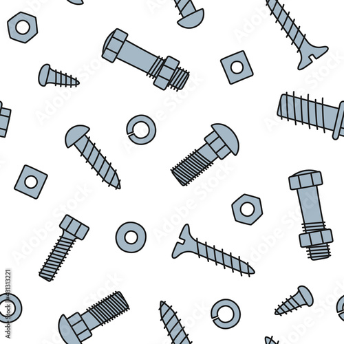 Hand drawn bolts, screws and nuts. Seamless pattern of fasteners in doodle style. Hand drawn building material. Children drawing. Vector illustration on white background.