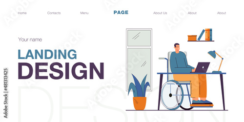 Cartoon man in wheelchair working at computer. Flat vector illustration. Disabled person working online at home, using modern technologies and Internet. Disability, accessibility, workplace concept