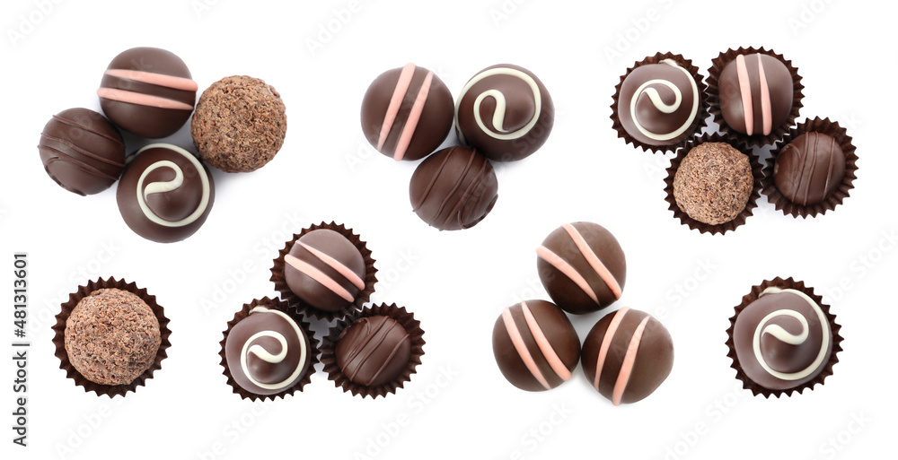 Set with delicious sweet chocolate truffles on white background, top view. Banner design Set with delicious sweet chocolate truffles on white background, top view. Banner design
