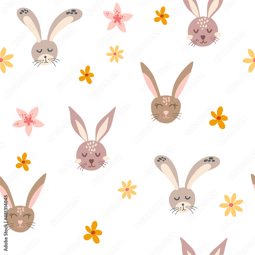 Cute rabbit faces seamless pattern. Bunny with flowers background. Perfect for fabric, textile, paper, wallpaper, wrapping or greeting card. Kids element. Vector cartoon illustration Cute rabbit faces seamless pattern. Bunny with flowers background. Perfect for fabric, textile, paper, wallpaper, wrapping or greeting card. Kids element. Vector cartoon illustration