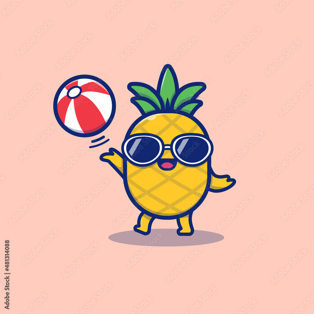 Cute Pineapple Playing Summer Ball Cartoon Vector Icon Illustration. Summer Fruit Icon Concept Isolated Premium Vector. Flat Cartoon Style