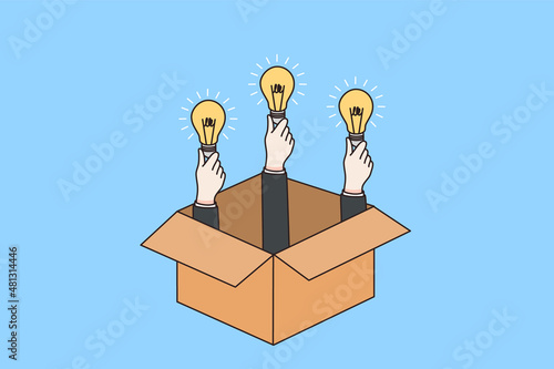 People hands from cardboard package hold lightbulbs. Think outside of box. Businesspeople or employees brainstorm generate new creative business idea. Teamwork concept. Vector illustration. 