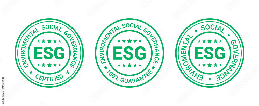 ESG label, icon. Environmental, social and governance round stamp. Emblem to indicate sustainable company economy. Business criteria badges set, isolated on white background. Vector illustration