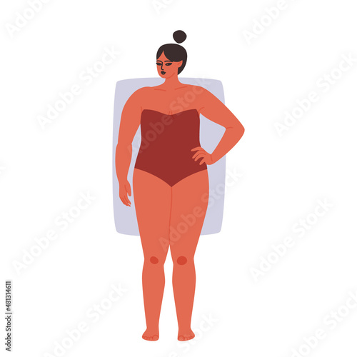 Female rectangle shape type. Cartoon chubby girl in a strapless swimsuit. Vector stock illustration of a woman with broad shoulders isolated on white background.