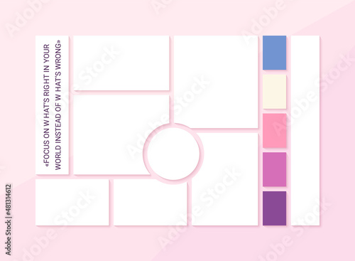 Moodboard grid. Collage template. Mood board background. Photomontage pictures layout with colour palette. Album design. Mosaic frames. Branding presentation. Horizontal mockup. Vector illustration.