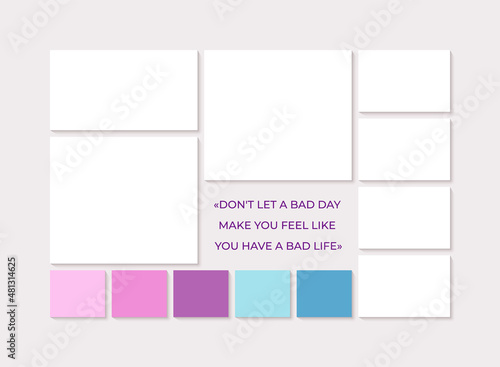Collage template. Moodboard grid. Mood board background. Mosaic frames with colour palette and quote. Photomontage pictures. Presentation layout. Poster design. Horizontal mockup. Vector illustration.
