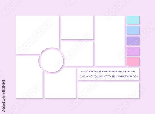 Moodboard template. Collage grid. Mood board background with colour palette and quote. Mosaic frames. Photomontage pictures layout. Poster design. Horizontal mockup. Vector illustration.