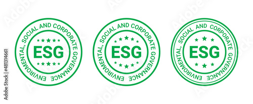 ESG icon. Environmental, social and governance round emblem. Stamp to indicate sustainable company economy. Business criteria badges set. Labels isolated on white background. Vector illustration.