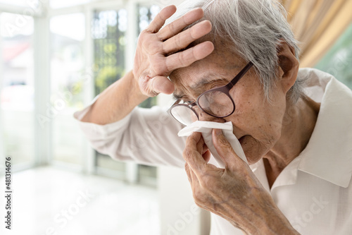 Asian senior woman had nosebleed,epistaxis,stop blood wipe her nose with tissue paper,touches forehead with hand to check,measure body temperature,elderly having a cold,catarrhal fever,nasal catarrh