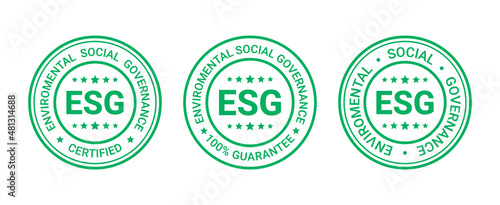 ESG label, icon. Environmental, social and governance round stamp. Emblem to indicate sustainable company economy. Business criteria badges set, isolated on white background. Vector illustration