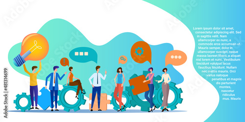 Teamwork.People with light bulbs and puzzles as a symbol of joint activity.Poster in business style.Flat vector illustration.
