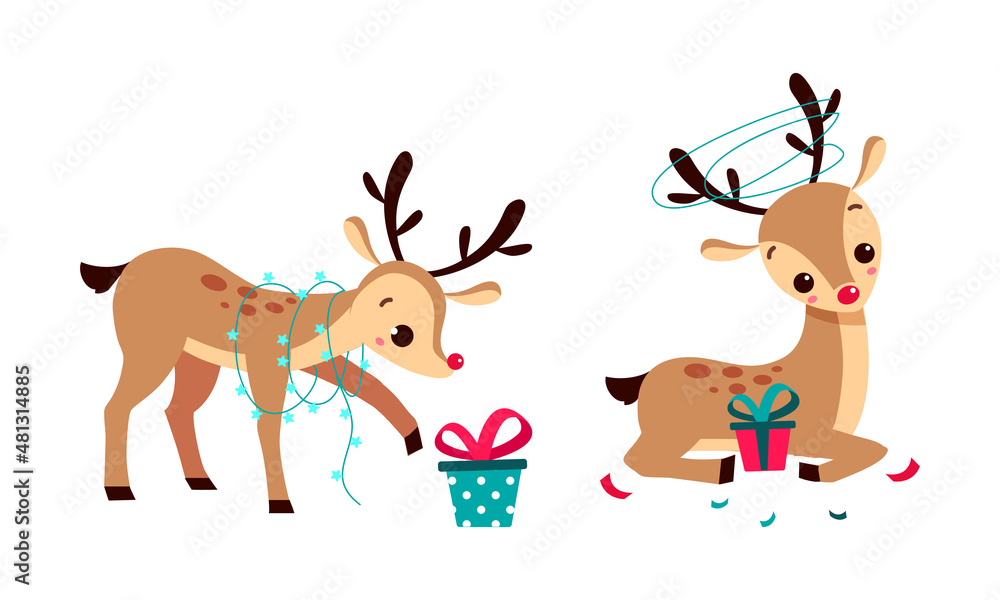 Little Reindeer with Antler and Garland Sitting Near Gift Box Vector Set