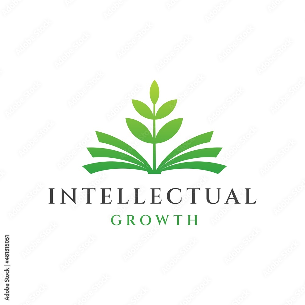 Intellectual growth logo design concept, education book and green plant logo design vector