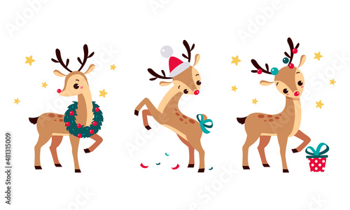 Slender Reindeer with Antler Wearing Hat and Wreath Vector Set
