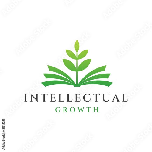 Intellectual growth logo design concept, education book and green plant logo design vector