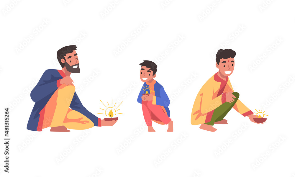 Diwali Hindu Holiday Celebration with Indian People Character in Traditional Clothes Holding Light Vector Set Diwali Hindu Holiday Celebration with Indian People Character in Traditional Clothes Holding Light Vector Set