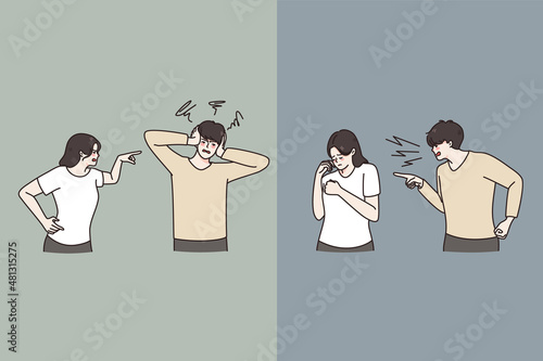 Angry man and woman fight quarrel think of divorce or split. Unhappy couple or spouse have misunderstanding. Separation and relationship problem. Abuse in relation. Vector illustration. 