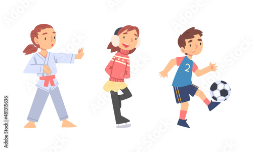 Little Girl Ice Skating and Boy Playing Football Doing Sport Vector Set