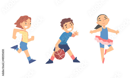 Little Girl Ballet Dancing and Boy Playing Basketball Doing Sport Vector Set