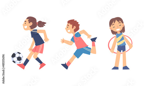 Little Girl Playing Football and Boy Running Doing Sport Vector Set