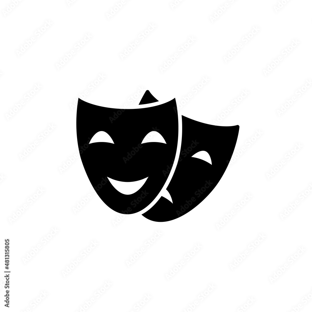 Comedy and tragedy masks. Black icon funny and sad mask, cartoon style. Happy and unhappy traditional symbol of theater. Vector illustration flat design. Isolated on white background. eps 10 Comedy and tragedy masks. Black icon funny and sad mask, cartoon style. Happy and unhappy traditional symbol of theater. Vector illustration flat design. Isolated on white background. eps 10
