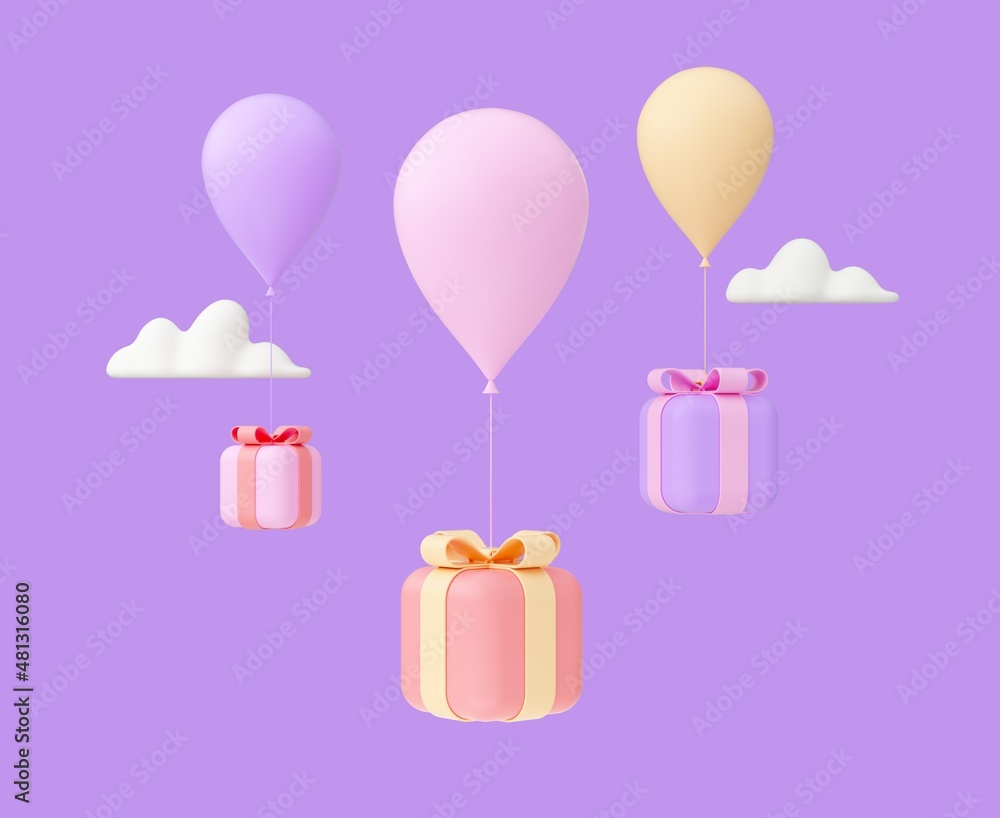 Gift boxes flying with balloons and clouds. Cartoon style illustration. 3d rendering.