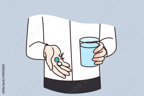 Close up of man hold medications and water glass cure from disease or illness. Guy take pills tablets to relieve sickness symptoms. Flu or fever relief. Healthcare and medicine. Vector illustration. 