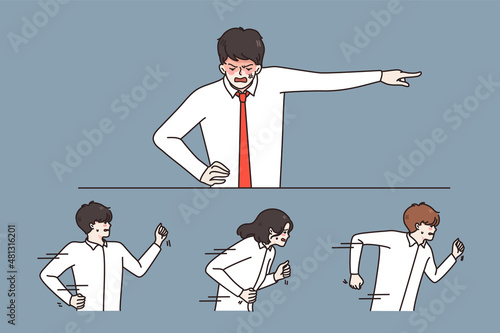 Aggressive young boss or director scold employees show power and strength at workplace. Authoritative angry businessman or employer lecture exploit workers. Domination. Vector illustration. 