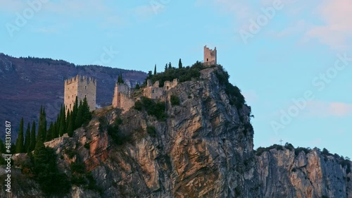 Arco castle on rocky cliff horizontal pan of Trentino Alto adige - Trento - Italy landmarks