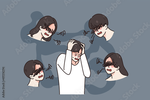 Stressed young man feel anxious suffer from bipolar disorder need medical help. Worried unhappy guy struggle with mental psychological problem or schizophrenia. Vector illustration. 