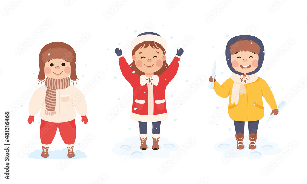 Excited Girl and Boy in Hat Playing Outdoor with Ice and Snow Falling Vector Set Excited Girl and Boy in Hat Playing Outdoor with Ice and Snow Falling Vector Set