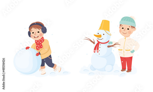 Excited Boy in Hat and Earmuffs Playing Rolling Snowball Building Snowman Vector Set