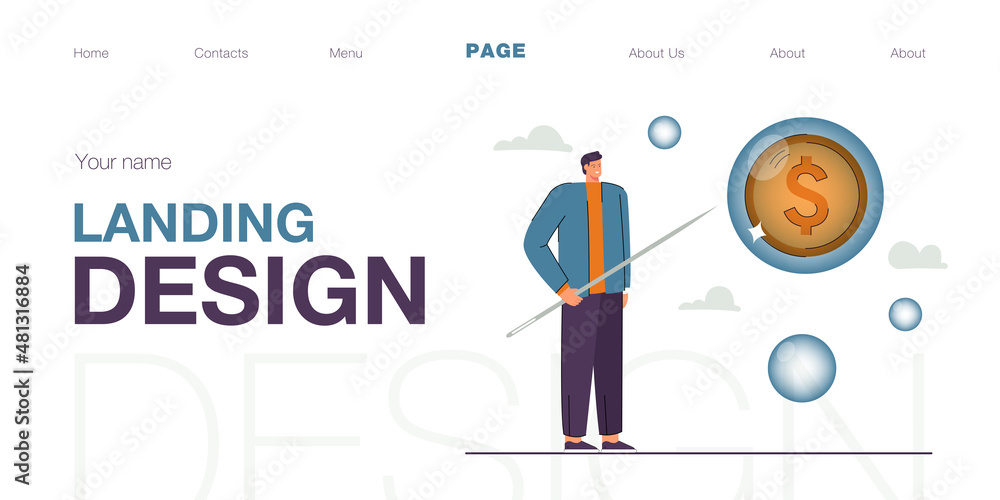Man piercing bubble with coin flat vector illustration. Happy male person holding needle. Bankruptcy, finance, recession concept for banner, website design or landing web page Man piercing bubble with coin flat vector illustration. Happy male person holding needle. Bankruptcy, finance, recession concept for banner, website design or landing web page