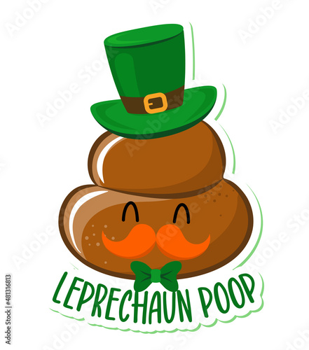 Leprechaun Poop - Cute smiling happy poop with green hat. Vector cartoon character in kawaii style. Cartoon poop, shit character.