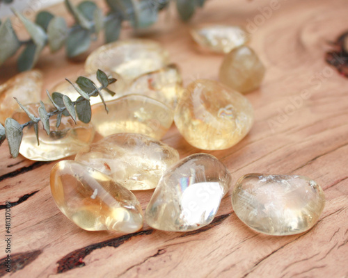 citrine crystal tumbled rock, semiprecious, semi-transparent, stone on raw natural wood with leaves and flowers babies breath photo